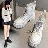 Platform Ankle Boots Women Autumn Winter PU Leather Combat Booties Punk Thick Bottom Motorcycle Boots Side Zip Work Botas Mujer