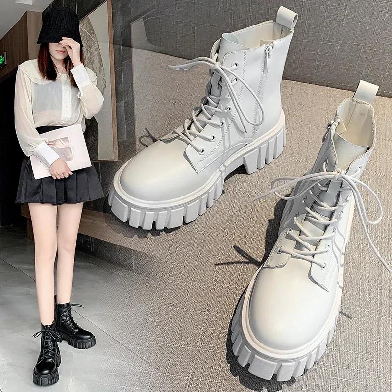 Platform Ankle Boots Women Autumn Winter PU Leather Combat Booties Punk Thick Bottom Motorcycle Boots Side Zip Work Botas Mujer
