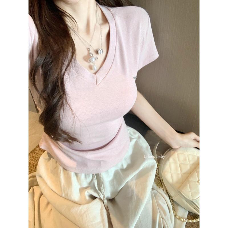 New Summer V-neck Front Shoulder Short-sleeved T-shirt for Women's Design, Pinching Waist To Make Them Look Slim and Short Top