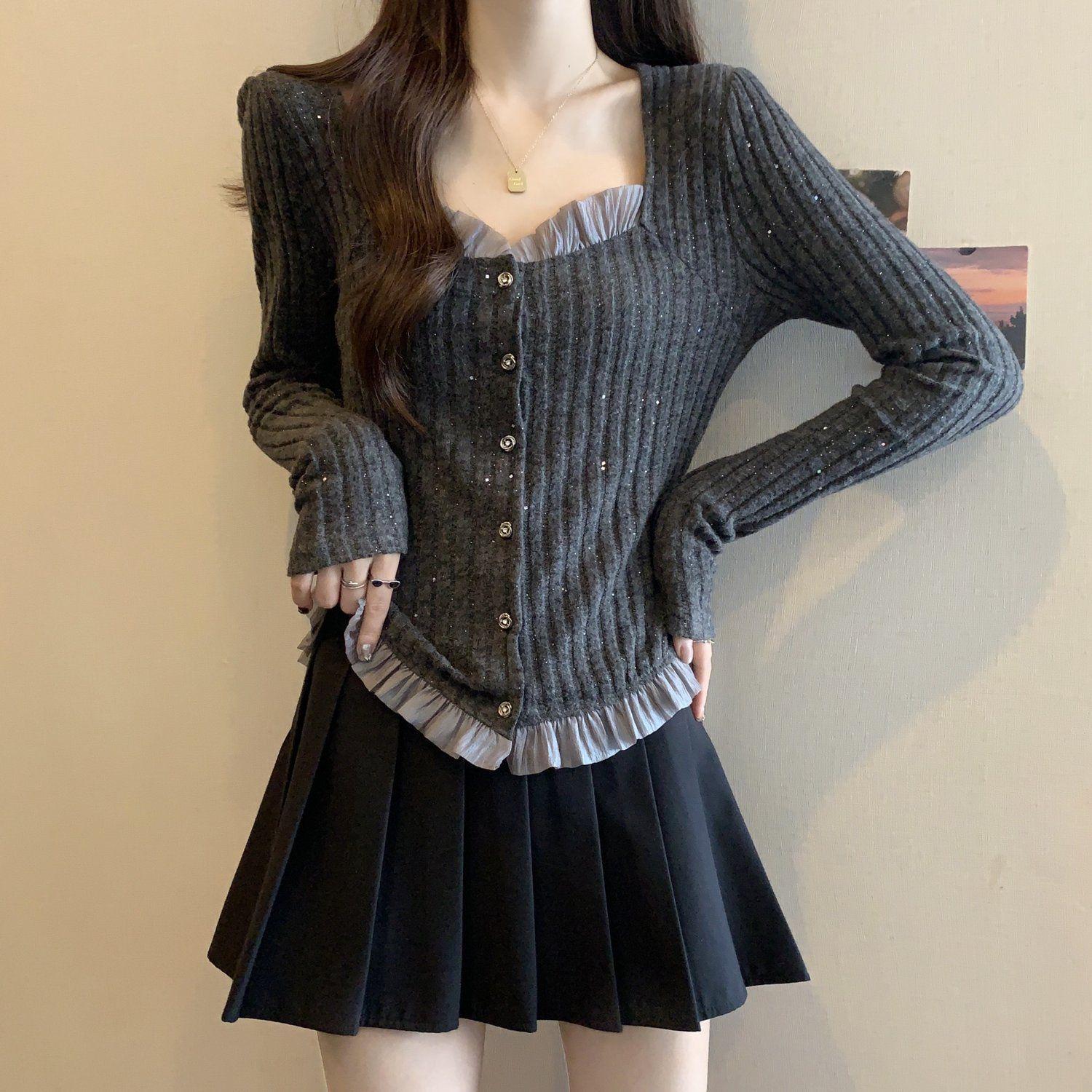 Women s Plus Size Gray Lace Knit Long Sleeve Top - Autumn New Arrival, Sweet & Chic S серый