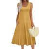 Women's Fashion Round Neck Sleeveless Pleated Beach Dress With Pockets Long Solid Color Dresses