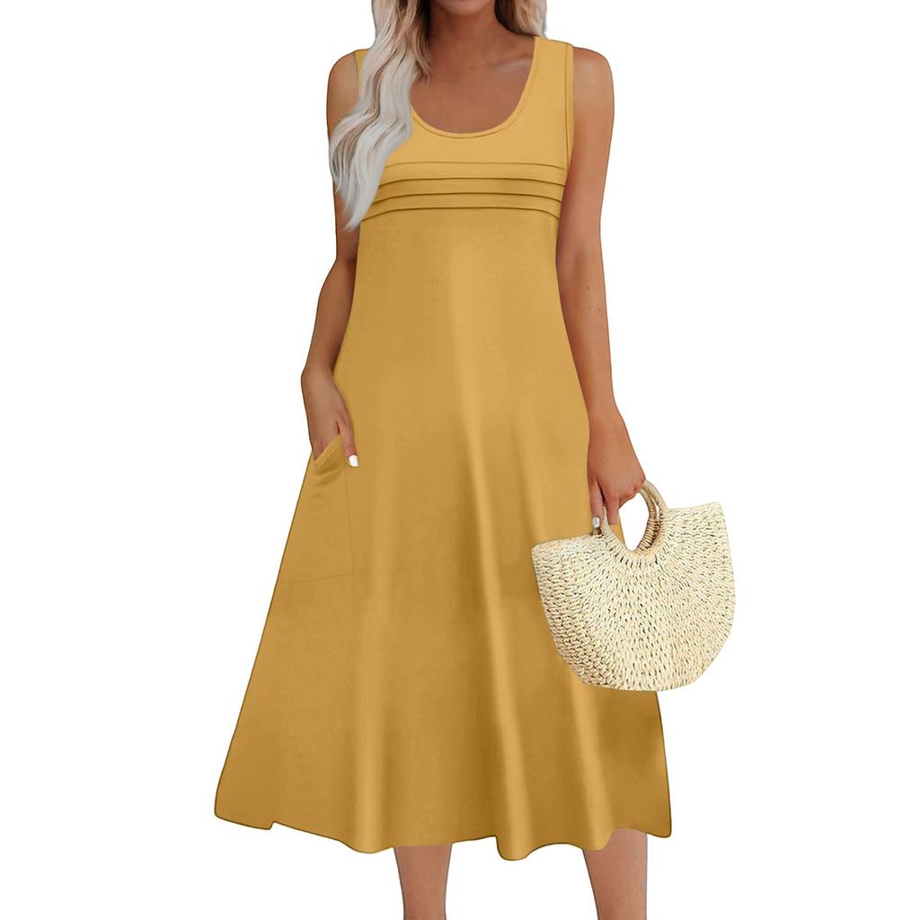 Women's Fashion Round Neck Sleeveless Pleated Beach Dress With Pockets Long Solid Color Dresses