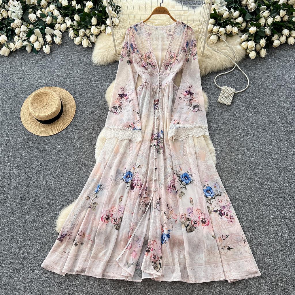 Summer Bohemian Printed Maxi Dress Women Deep V Neck Long Sleeve Lace Trim Cuff High Waist A‑Line Flowy Holiday Party Dress