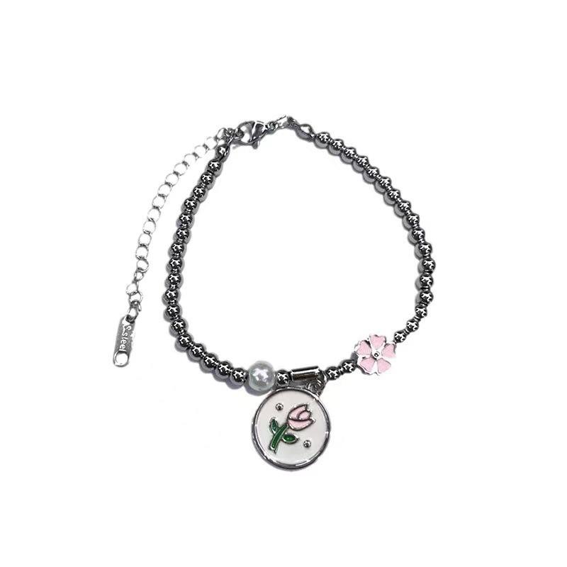 Pink Elegant Tulip Flower Bracelet For Women Highend Geometric Design Summer 2024