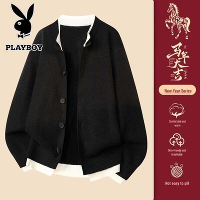 Men's Faux Two-Piece Stand Collar Knit Cardigan