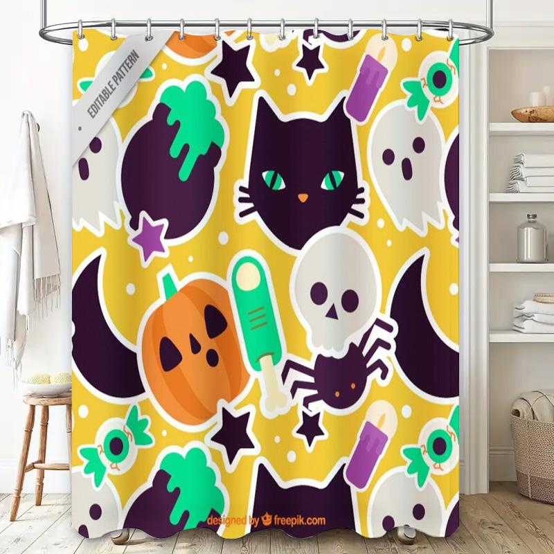 Halloween-themed shower curtain featuring cute ghost cat designs perfect for spooky Halloween decor! (#halloweendecor #showercur