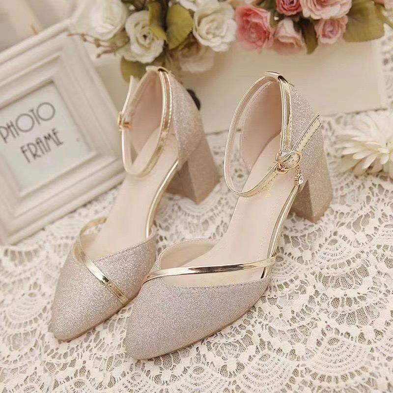 Summer Women's High Heels Luxury Sequined High Heels Sexy Pointed End Lady Sandal Wedding Bridal Shoes for Women Sandalias Mujer