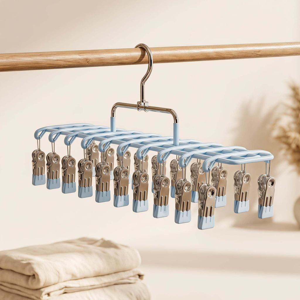 Stainless Steel 20-Clip Sock & Underwear Drying Rack – Windproof Balcony Clothes Hanger