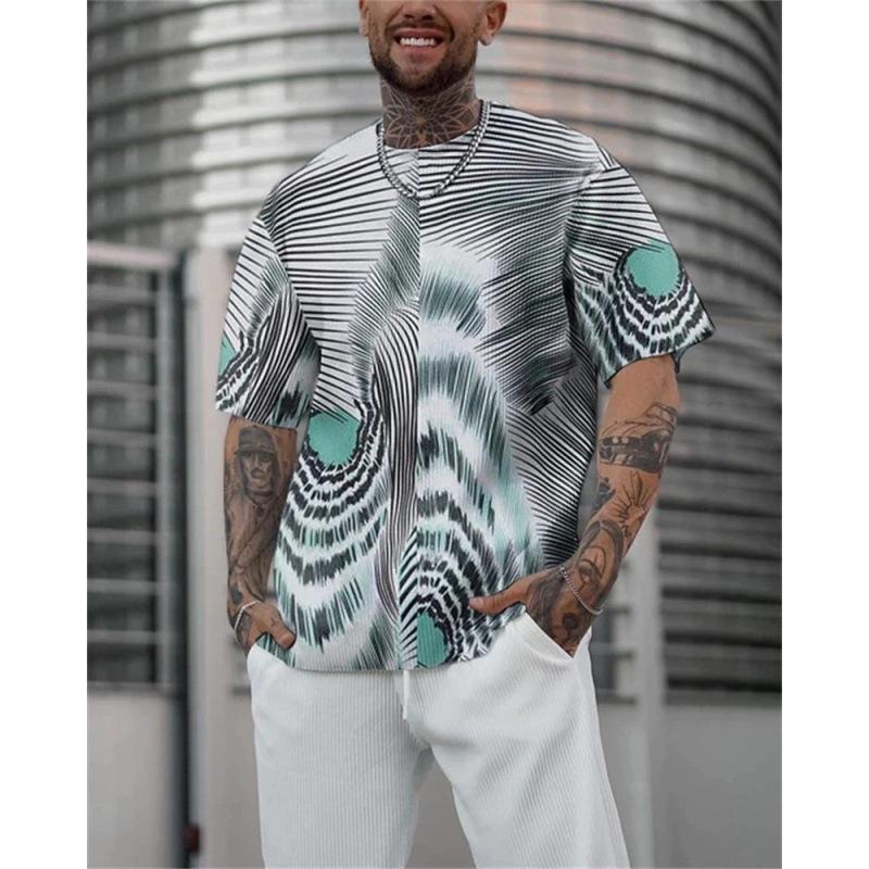 Tricou de vară pentru bărbați retro negru alb cu model geometric cu linii cubice, cu imprimeu mare, mânecă scurtă, top casual