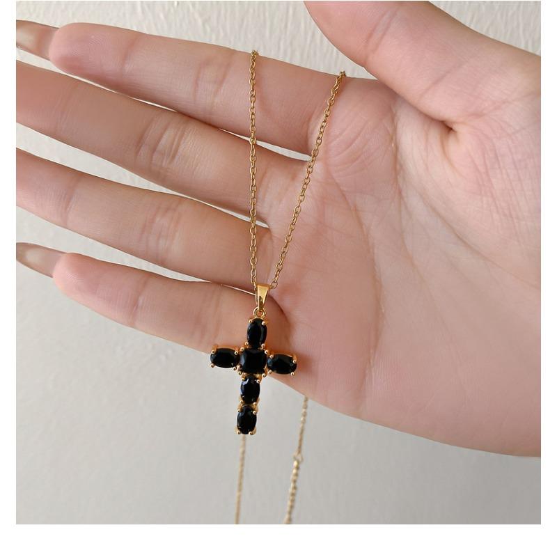 Gold Plated Zircon Cross Pendant Titanium Steel Clavicle Necklace For Women