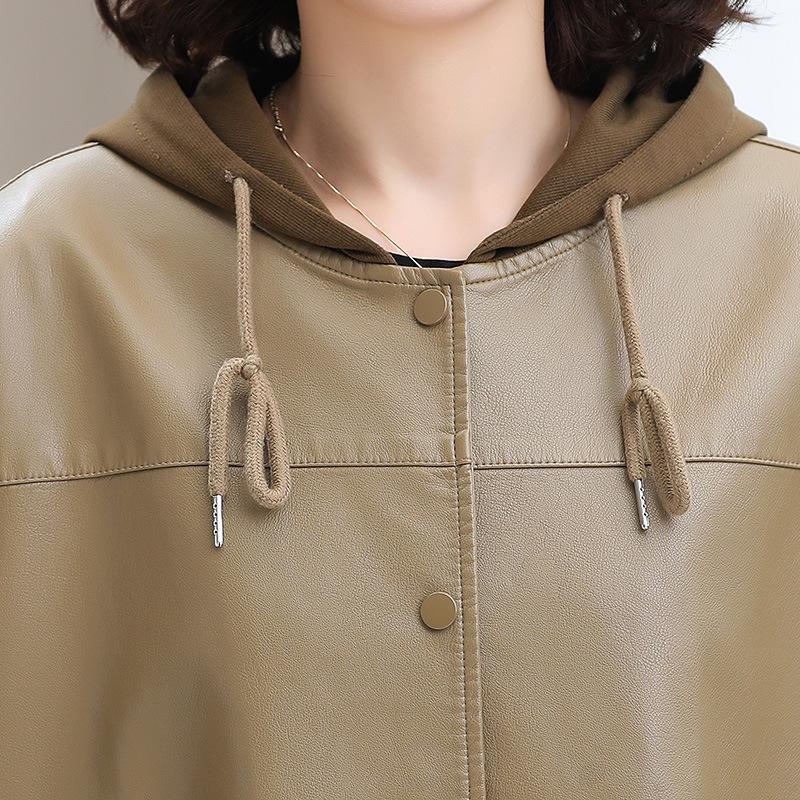 Women's Spring Hooded PU Leather Jacket - Short Style for Middle-Aged and Elderly Ladies