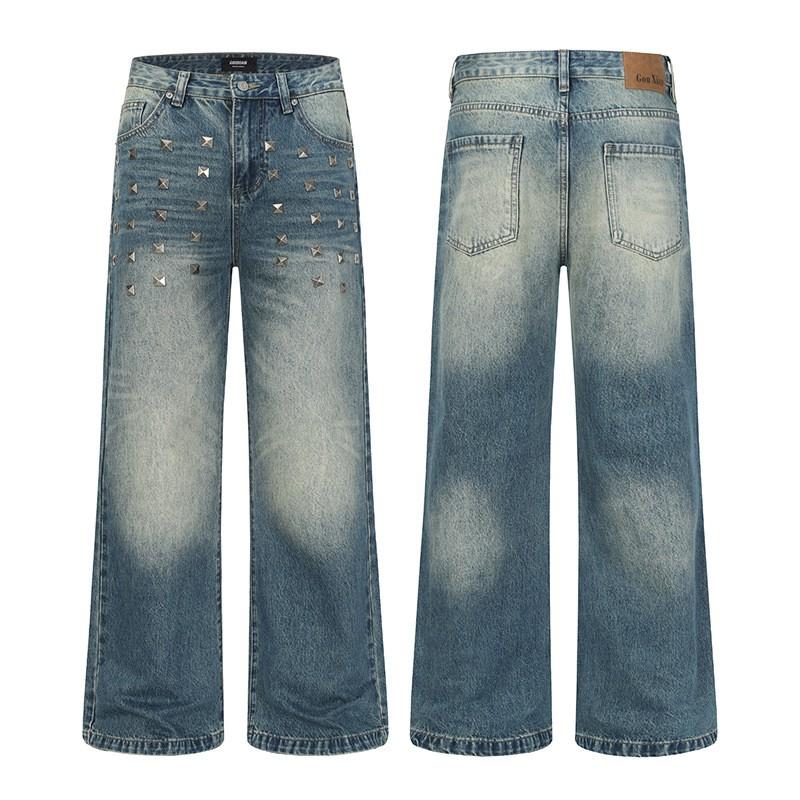 ARES American Heavy Industry Square Nail Flared Blue Jeans Mens Fall Distressed Washed Denim Pants
