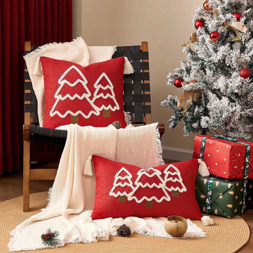 Cross-Border Christmas Tree Embroidered Canvas Pillowcases with Tassels for Sofa Decoration