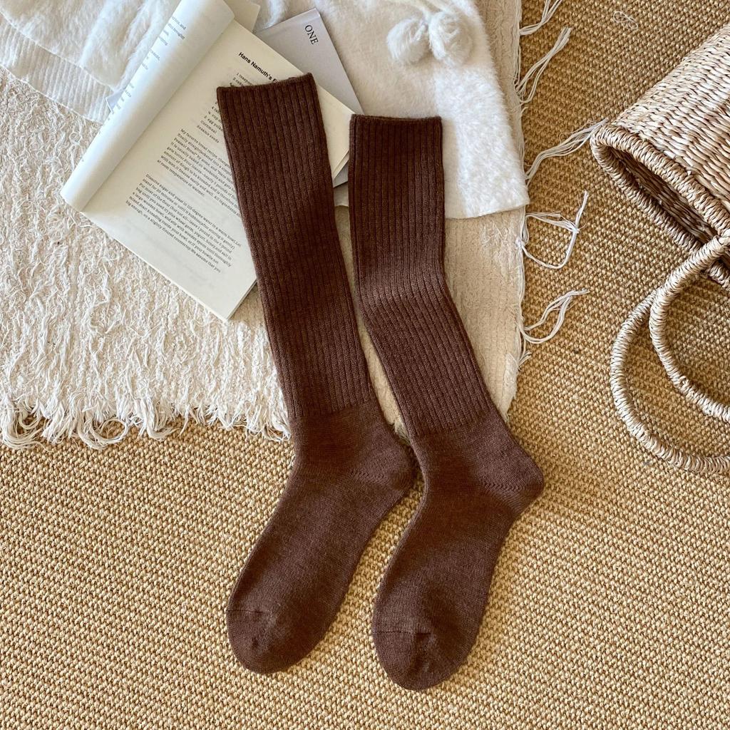 Female Autumn and Winter Warm Vertical Strip Thin Wool Calf Pile Socks
