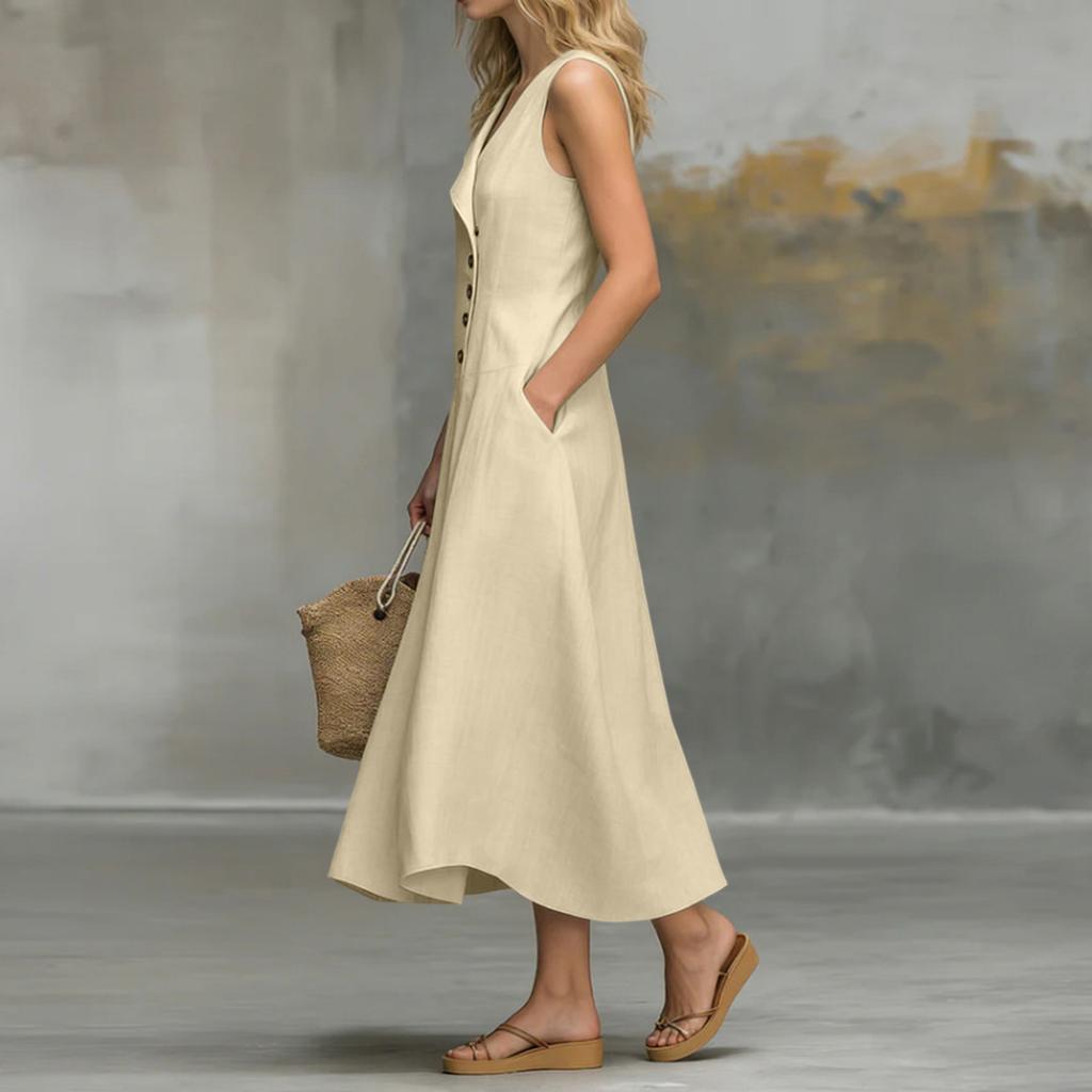 Ladies' Casual And Fashionable Lapel Button Closure Sleeveless Dress
