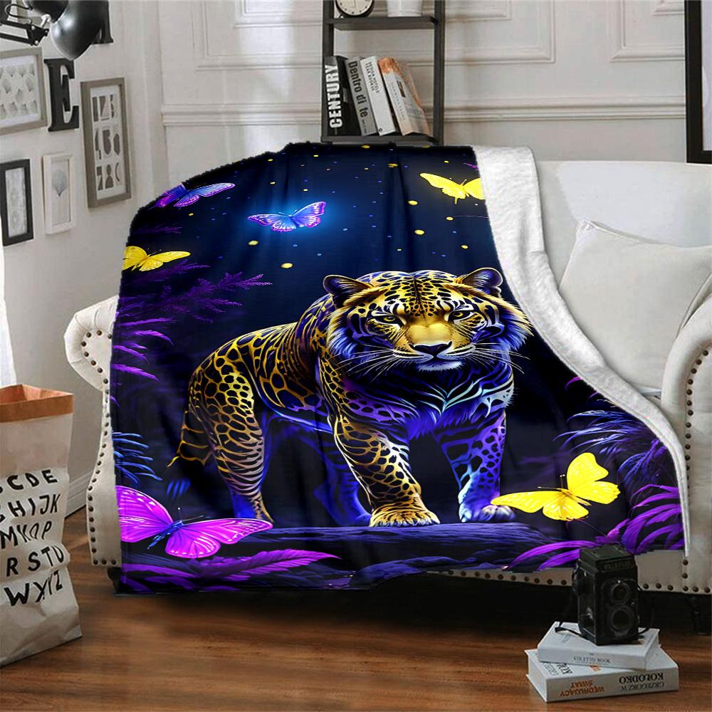 1pc Neon Jaguar Print Blanket - Lightweight Flannel Fleece with Digital Printing, Soft Warm for Sofa, Travel, Camping, Office Yy251018265