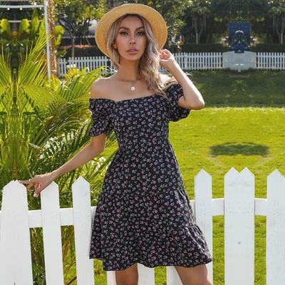 Summer Fall Floral Print Short Dress A-Line Women Casual Square Collar Short Sleeve High Waist Slim Edible Tree Fungus Shirring S-XL