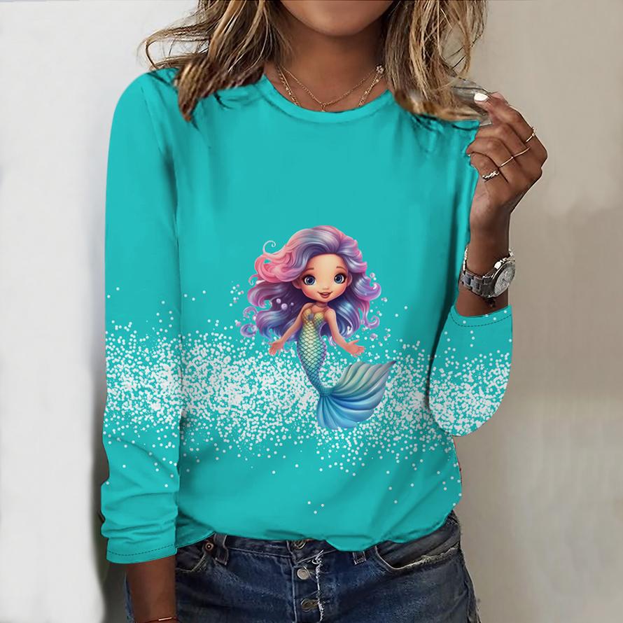 Tops For Women 3D Cute Mermaid Print Round Neck Long Sleeve T-shirt Fall Casual Slim Pullover Women's Long Sleeve Top