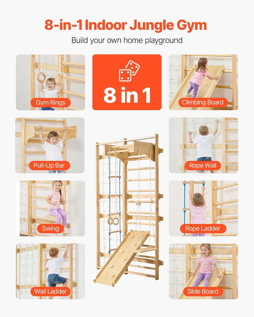 Swedish Ladder Wall Gym, 8-in-1 12-Level Solid Wood Gymnastic Stall Bars for Kids Adults, 220LBS Indoor Jungle Gym Playset with Climbing Board, Gym