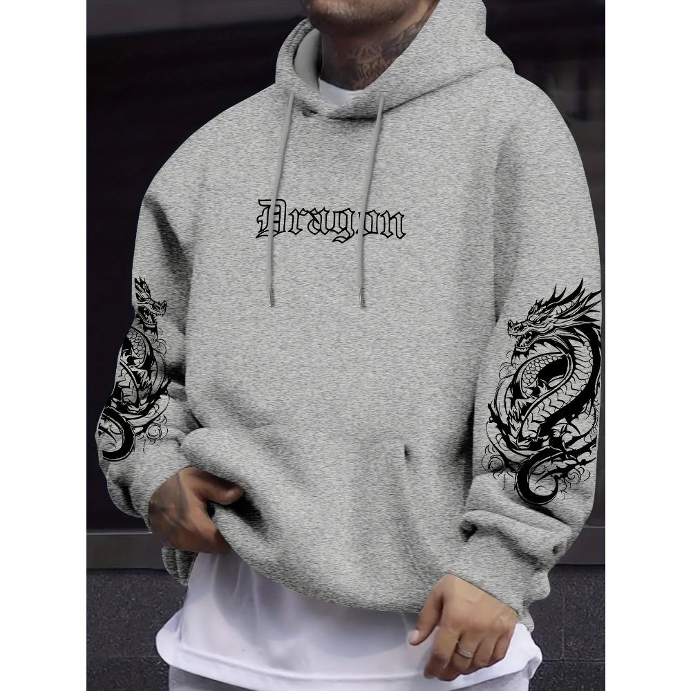 Dragon Element Print Pocket Hooded Sweatshirt Is Suitable for Daily Holiday Outdoor Wear, Autumn And Winter Thickened Men'S Print Hoodie