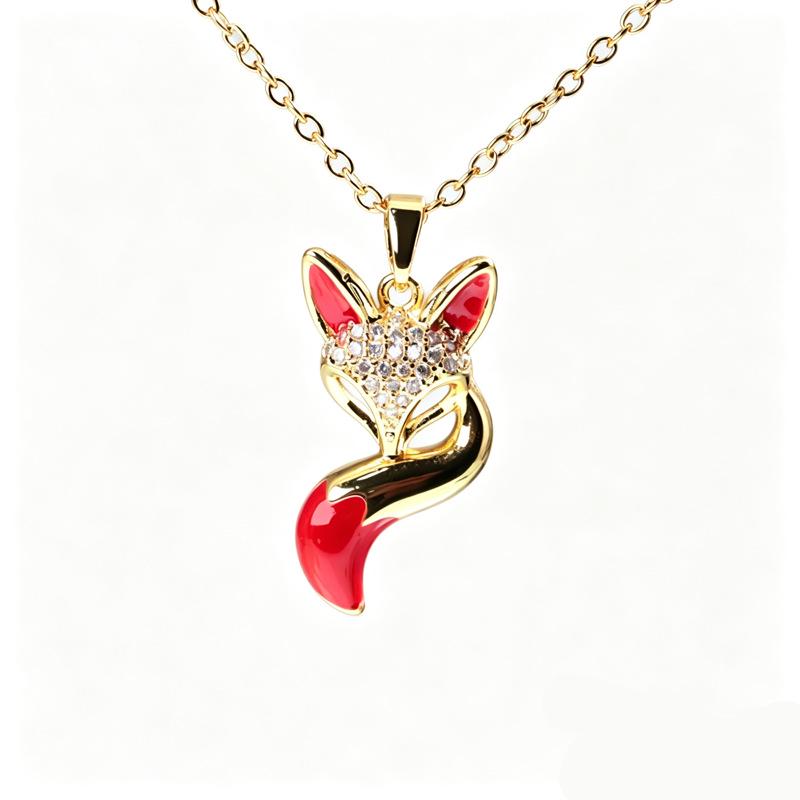 Creative Cute Fox Pendant Necklace with Zircon and Drip Glaze on a Copper Chain