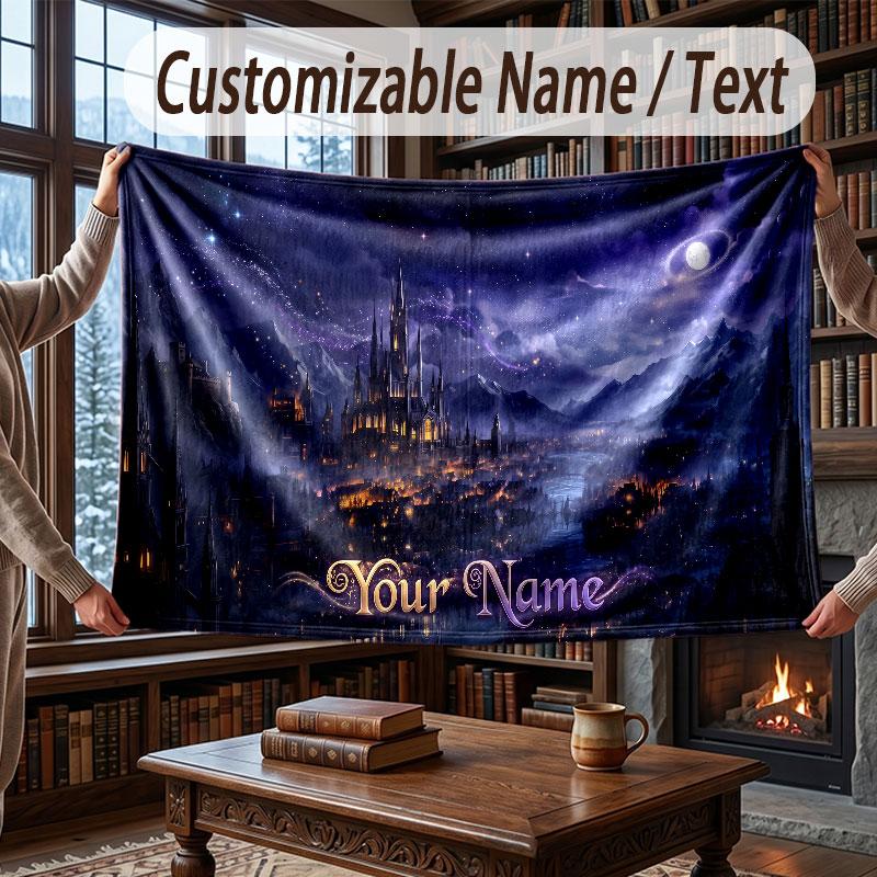 Fantasy Magic Theme Throw Blanket Custom Name Text Personalized Blanket Soft Cozy Blanket for Home Sofa Bed