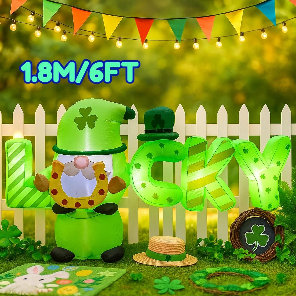 6FT St Patrick s Day Inflatable Gnome Lucky Themed Green Shamrock Balloon Leprechaun Hat  Gold Coin Ornaments Outdoor Supplies EU