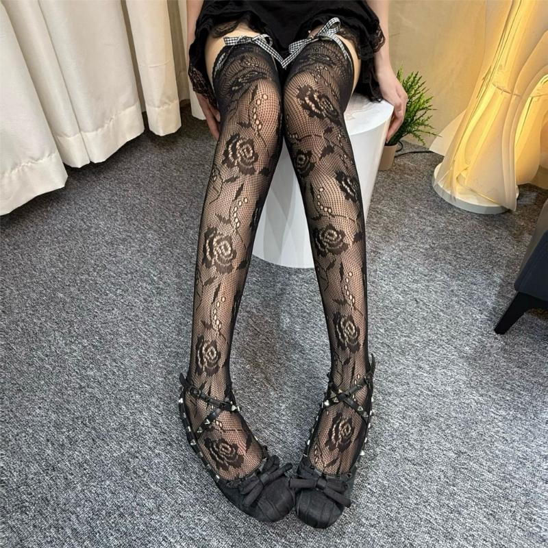 Lace Thigh High Socks With Rose Pattern Hollows Out Design Breathable Over Knee Stockings For Women Comfortable Polyester