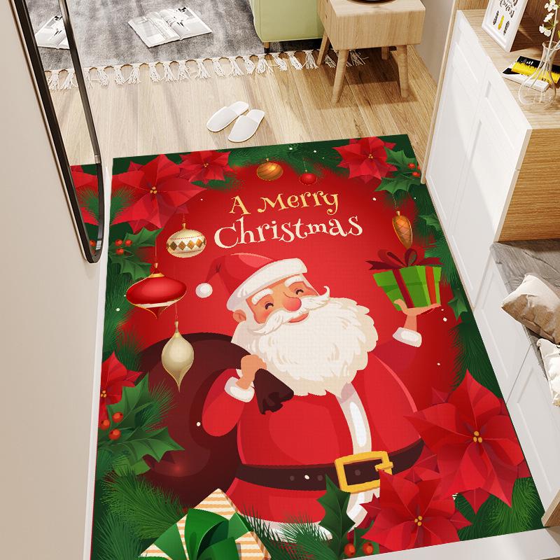 Red Coral Fleece Christmas Floor Mat with Santa Claus and Tree Design