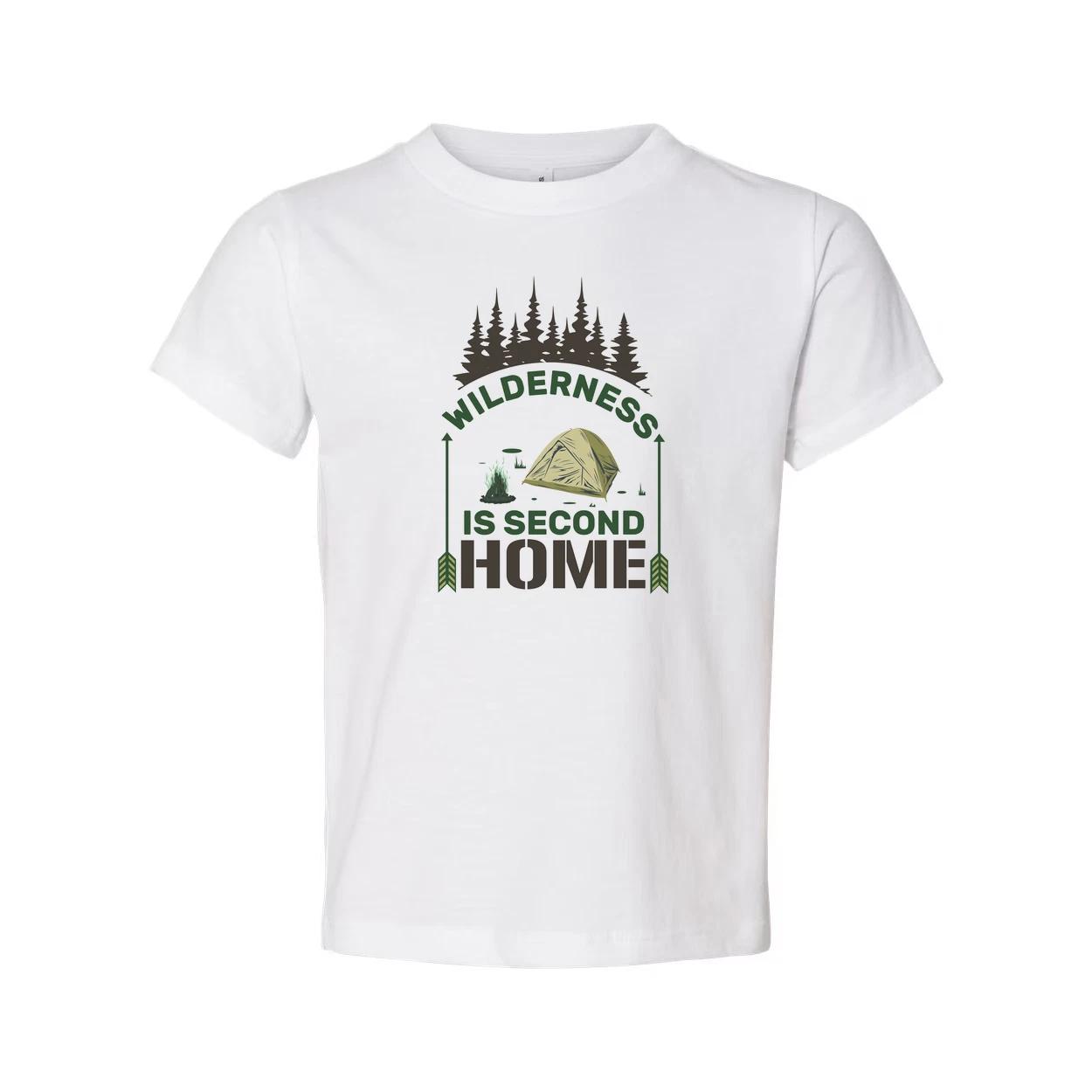 

Wilderness Is Second Home Camping Graphic T Shirt With Tent And Forest Scene For 2XL