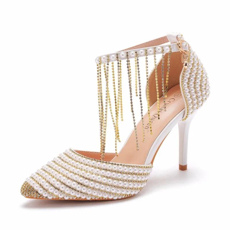 Fashion New Gold Rhinestone String Bead Tassel High-heel Sandals Sweet Girl Take Wedding Photographs  Stage Performance High Heels Shose