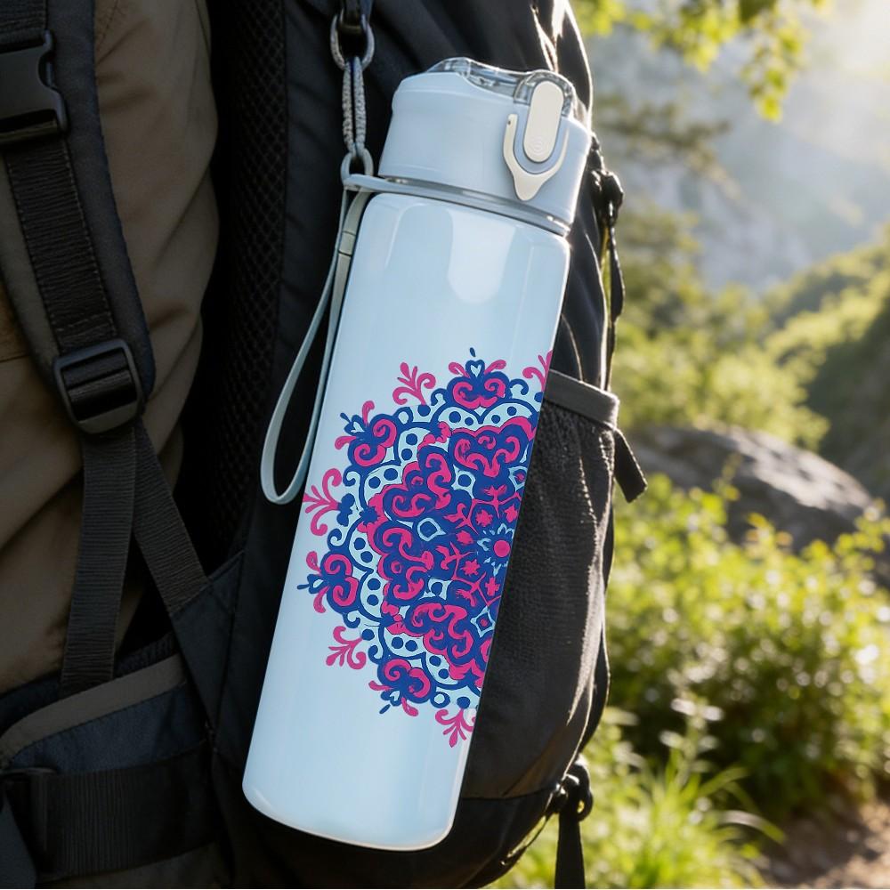 1PC Purple Floral Mandala Art 750ml Color Plastic Sports Water Bottle Leakproof Flip Straw Lid Suitable for Sports Office Home Use
