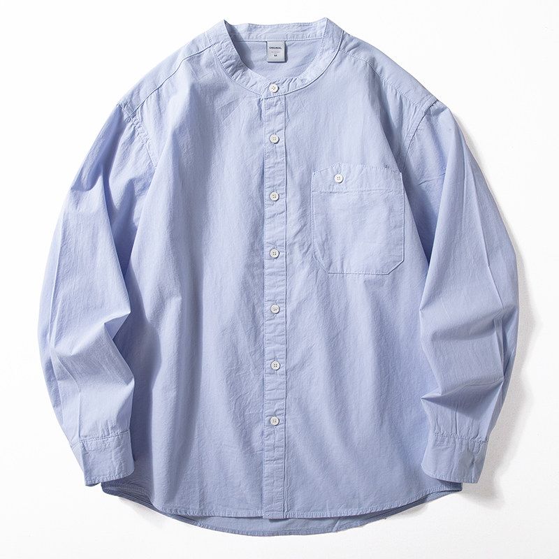 American-Style Henry Collar Shirt for Men, Long-Sleeved, New Spring and Autumn Pure Cotton Top, Cleanfit Casual Versatile Stand-Up Collar Shirt Sky Blue M