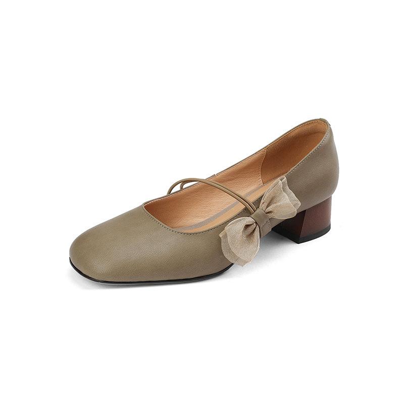Bow Retro Mary Jane Shoes Women's Spring and Autumn Women's Shoes Shallow Mouth Doudou Shoes Soft Sole Grandma Shoes Thick Heel Single Shoes