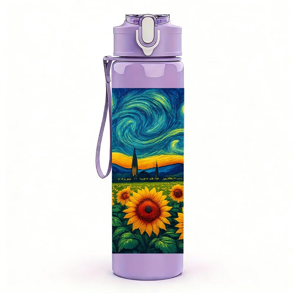 1PC Van Gogh Sunflower Starry Night 750ml Color Plastic Sports Water Bottle Leakproof Flip Straw Lid Suitable for Sports Office Home Use