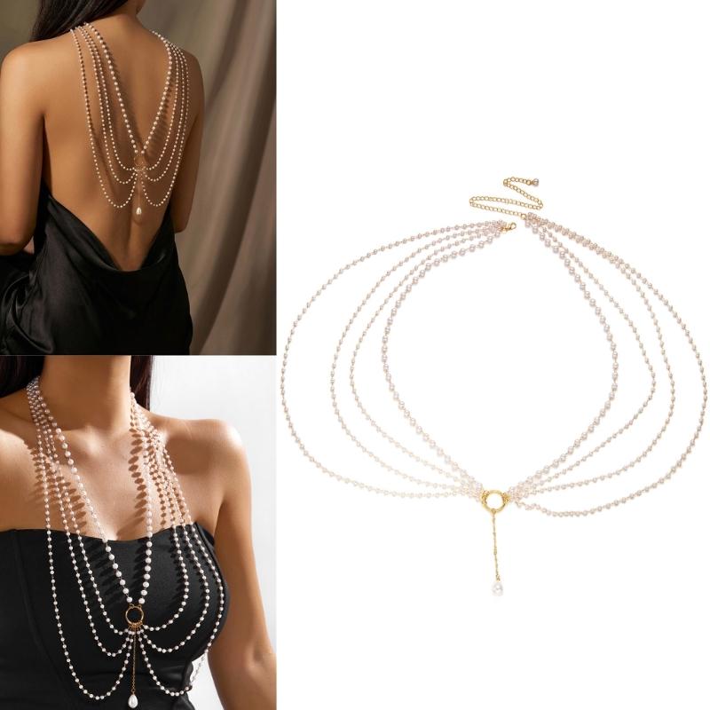 Vintage Style Layering Pearls Fringe Necklace with Geometric Accents Sturdy Electroplated Finish Chain for Parties Event