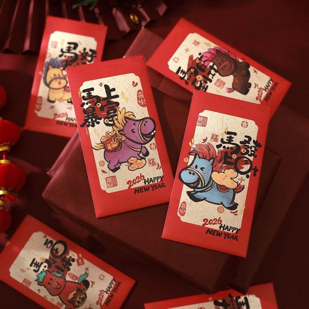 6Pcs Paper 2026 Horse Year Red Envelope Traditional Cartoon Chinese New Year Envelope Lucky Bless Words Lucky Money Bag