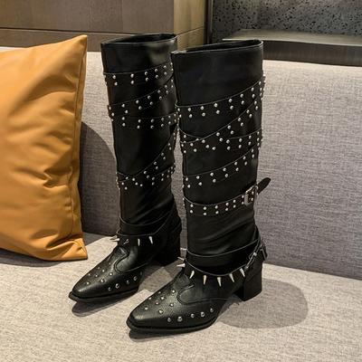 Mode Spitzschuh Stiefeletten 2025 Herbst Neu Blockabsatz Nieten Metall Gürtelschnalle Rutschfest Abriebfest Blockabsatz Stiefel