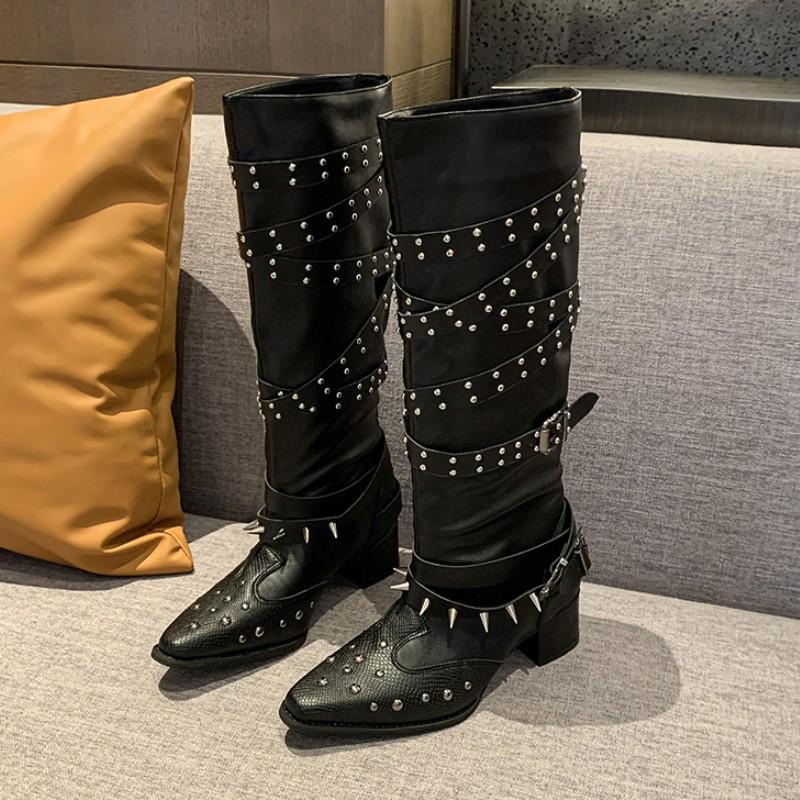 Fashion Pointed Toe Booties 2025 Fall New Block Heel Studded Metal Belt Buckle Non-Slip Wear-Resistant Block Heel Stack Boots