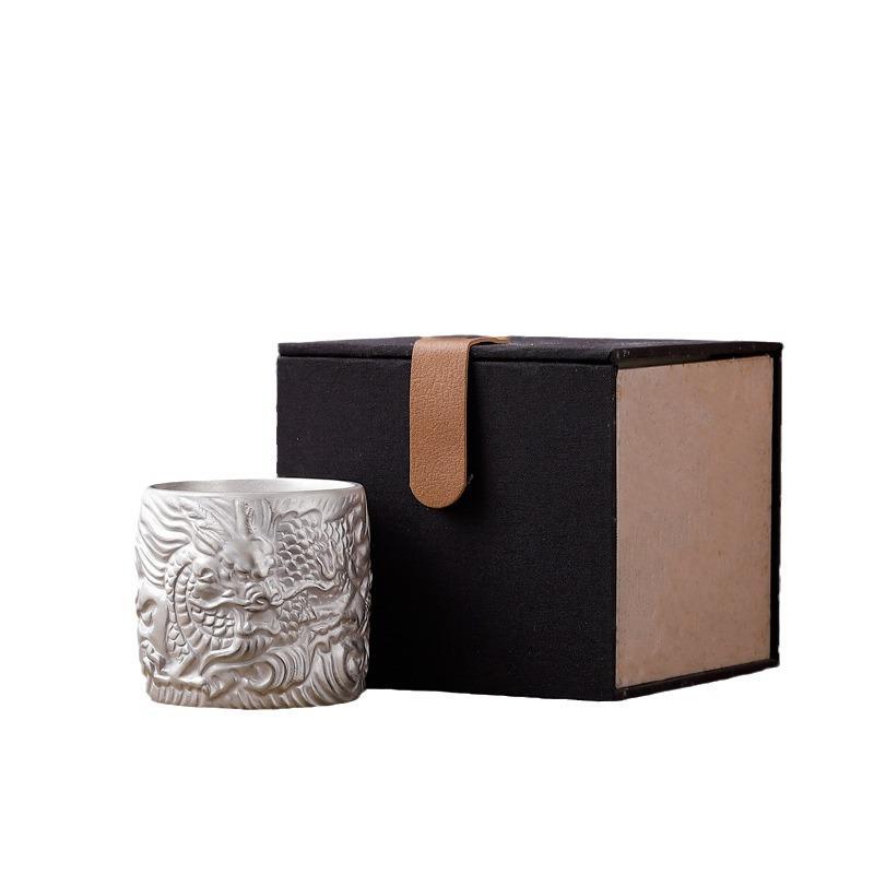 999 Pure Dragon and Phoenix Auspicious Pair Set, Gilded Silver Master Single Tea Cup Gift Box