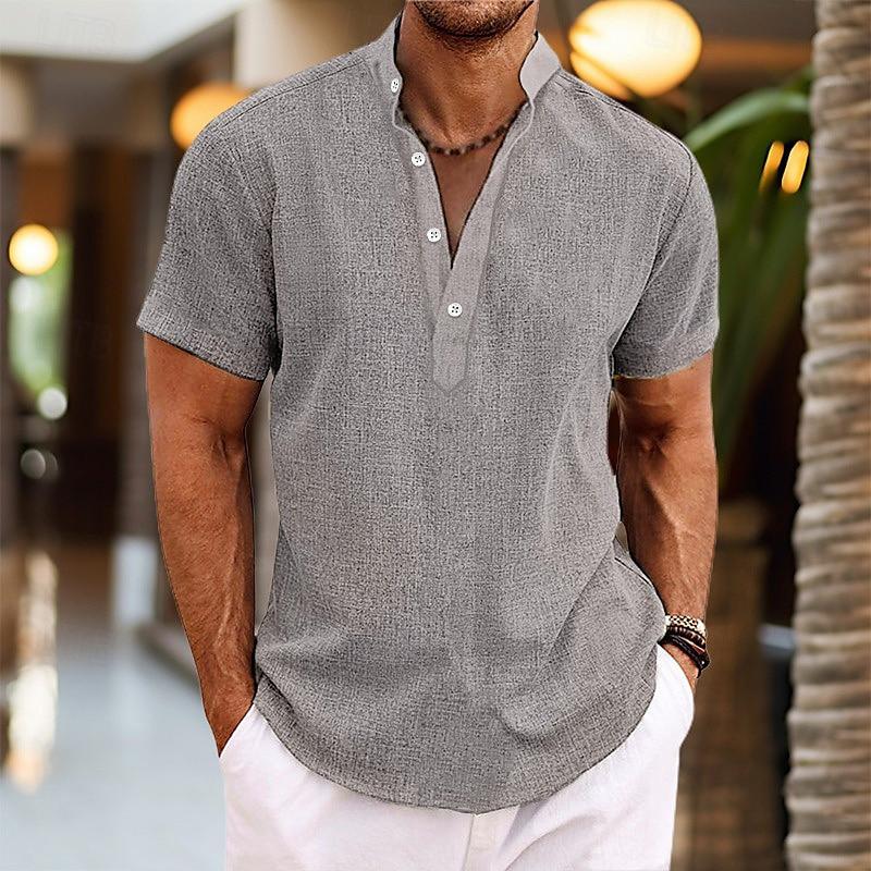 Summer Solid Color 3D Print Henley Shirts Men's Casual Oversized Button Stand Collar Short Sleeve T Shirt Tees Tops Man Clothing