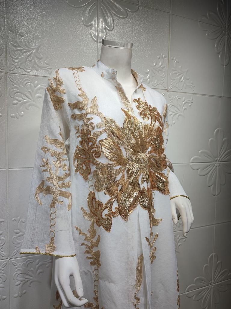 Vestuário Muçulmano Fio Bordado com Lantejoulas Douradas Jalabiya Feminina Muçulmana Dubai Árabe Eid