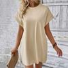 Summer Women Mini Dress Casual Loose Dolman Sleeve Round Neck Short Sleeves Side Pockets Above Knee Length Solid Color Soft Breathable Lady Dress