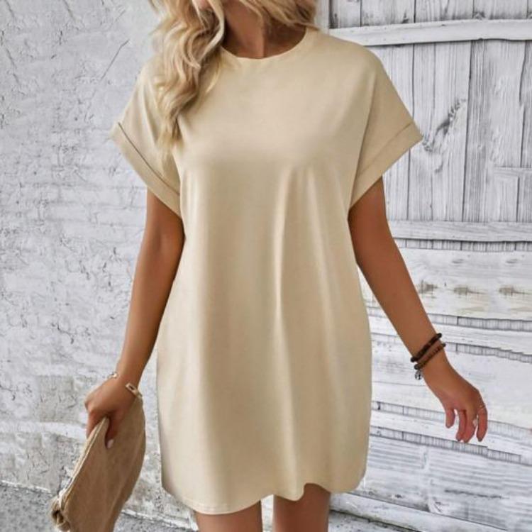 Summer Women Mini Dress Casual Loose Dolman Sleeve Round Neck Short Sleeves Side Pockets Above Knee Length Solid Color Soft Breathable Lady Dress