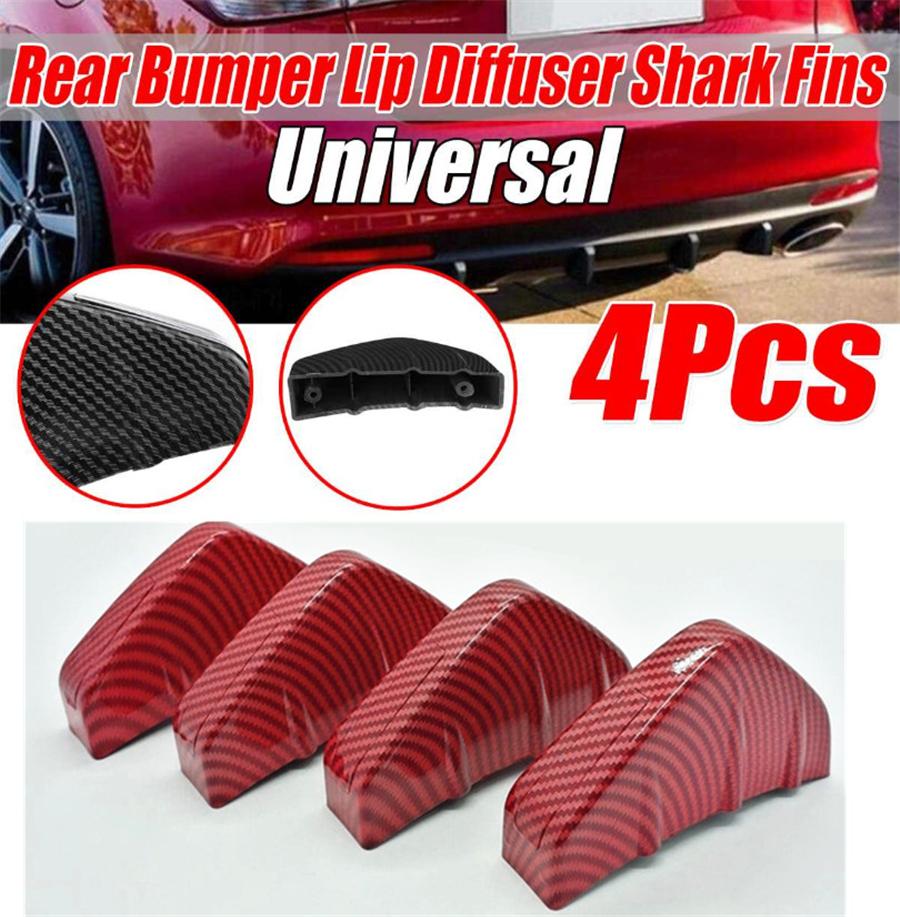 Universal 4Pcs Red Carbon Fiber Look Car SUV Rear Bumper Lip Diffuser Shark Fins