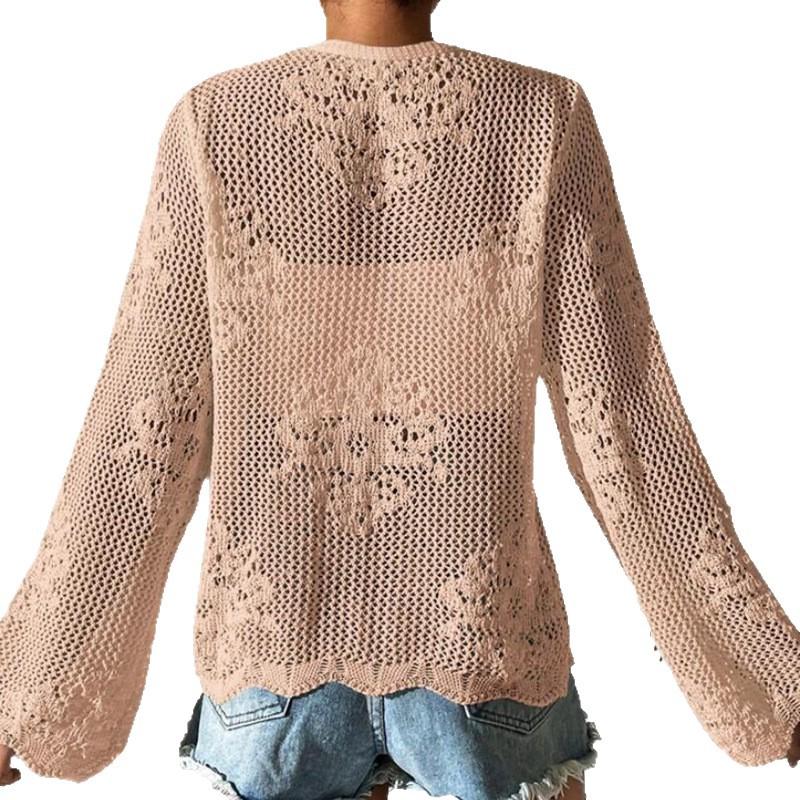 Cross-border Amazon Europe and America Hollow Summer Knitted Cardigan Women's Beach Knitted Sweater Long-sleeved Bow Knitted Cardigan
