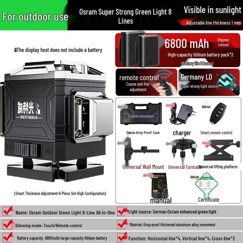 High-Precision 16-Line Green Laser Level for Walls and Floors with Automatic Self-Leveling and Infrared Technology.
