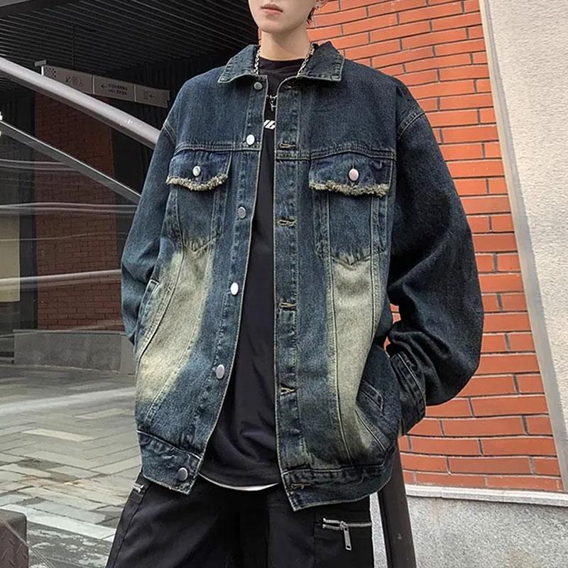 Men s Distressed Gradient Wash Oversized Denim Jacket S синий