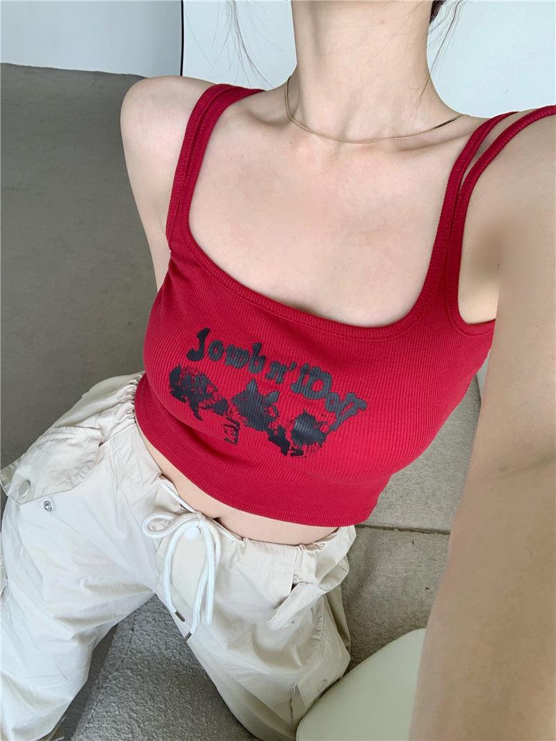 

Sweet Spice Girl Printed Suspender Vest Women s Summer New Slim-Fit Sexy Navel Sleeveless Short Outfit Top S