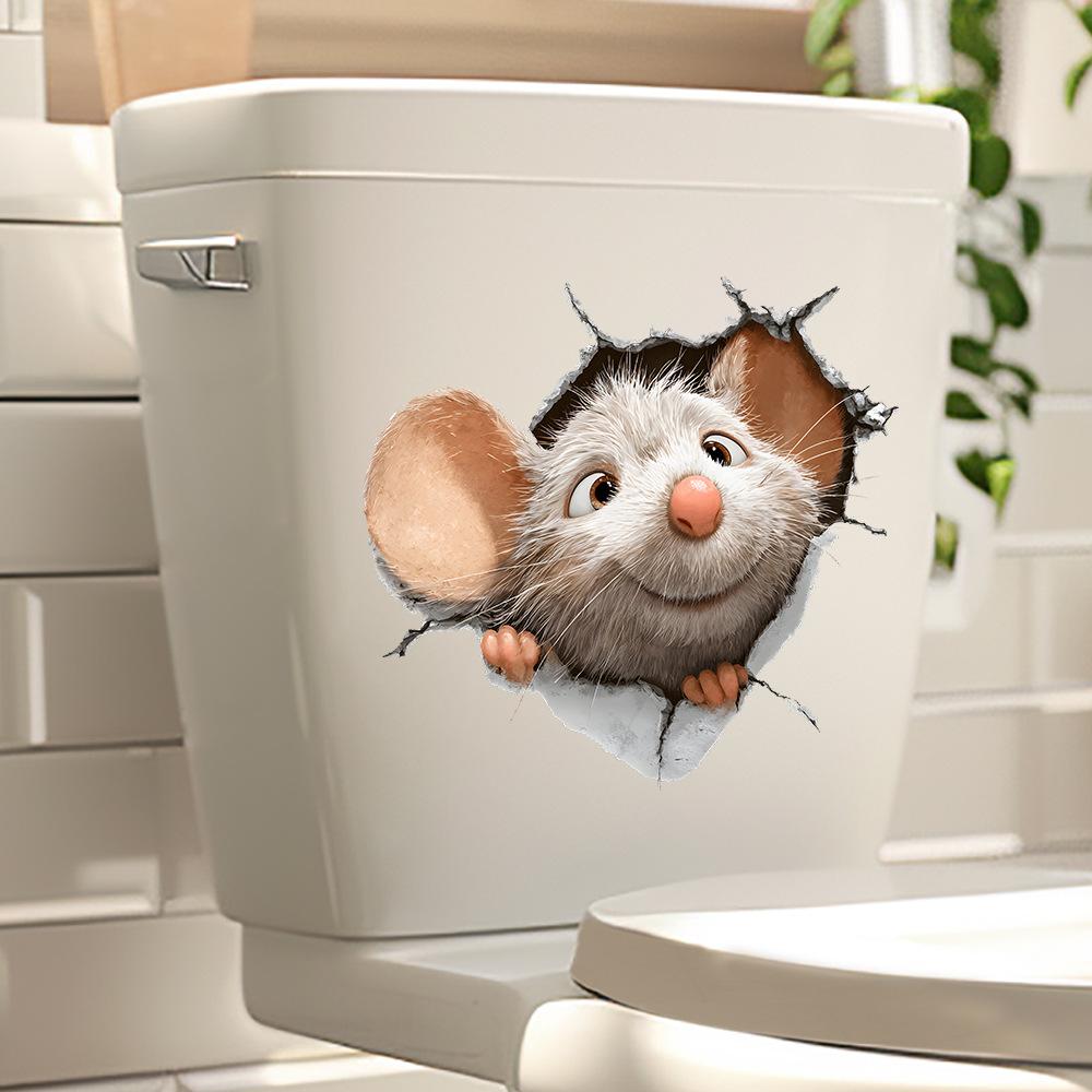 3D Maus durch die Wand brechend Toilettenaufkleber, Selbstklebend Abnehmbar Lustige Badezimmerdekoration für Toilettensitz Wanddekoration